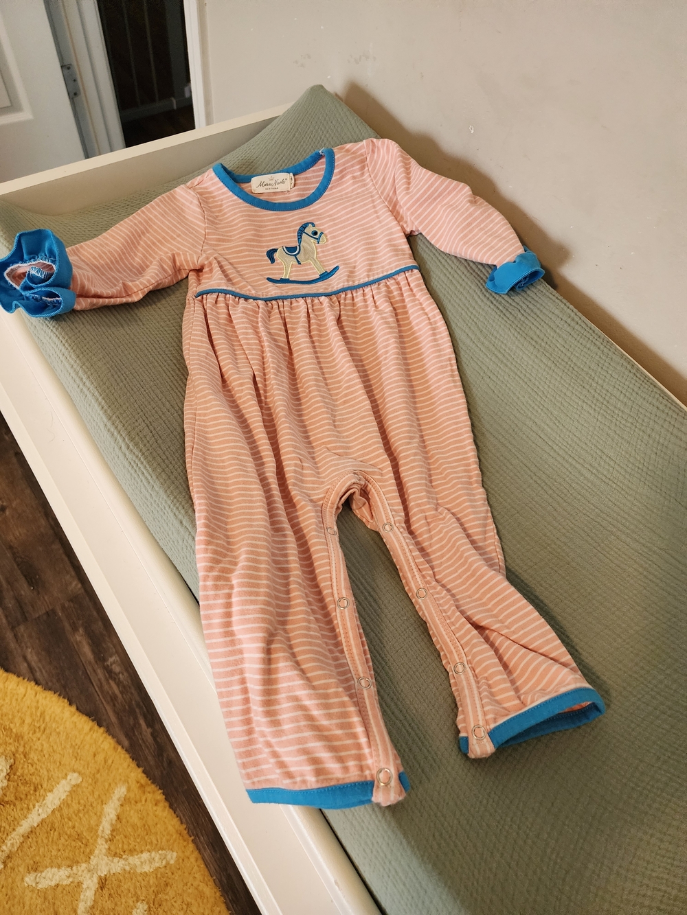 Baby Girls Pink Stripe Footie with Blue Trim by Mud Pie